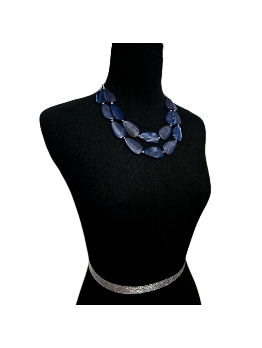 Blue Stone Bead Necklace Double Strand Chunky Statement Fashion Jewelry EUC